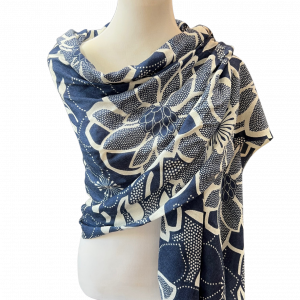 image of blue floral patterned cashmere wrap on mannequin