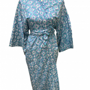 image of kimono with blue and green geometric pattern