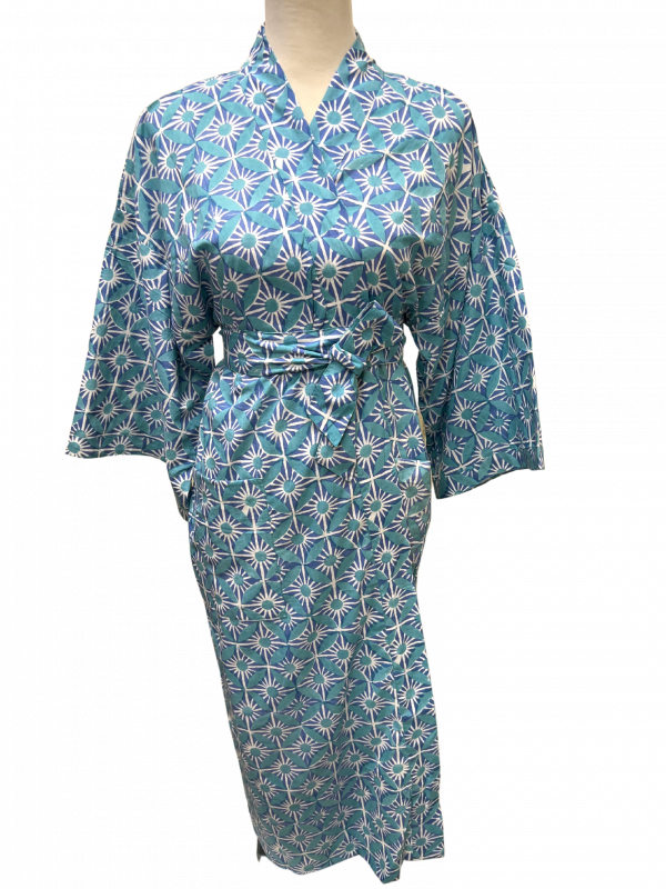 image of kimono with blue and green geometric pattern