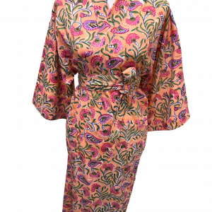 image of a cotton kimono with pink and green floral pattern