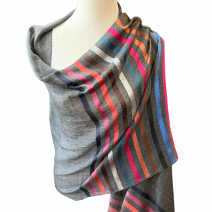 image of a grey cashmere scarf with coloured stripes on mannequin