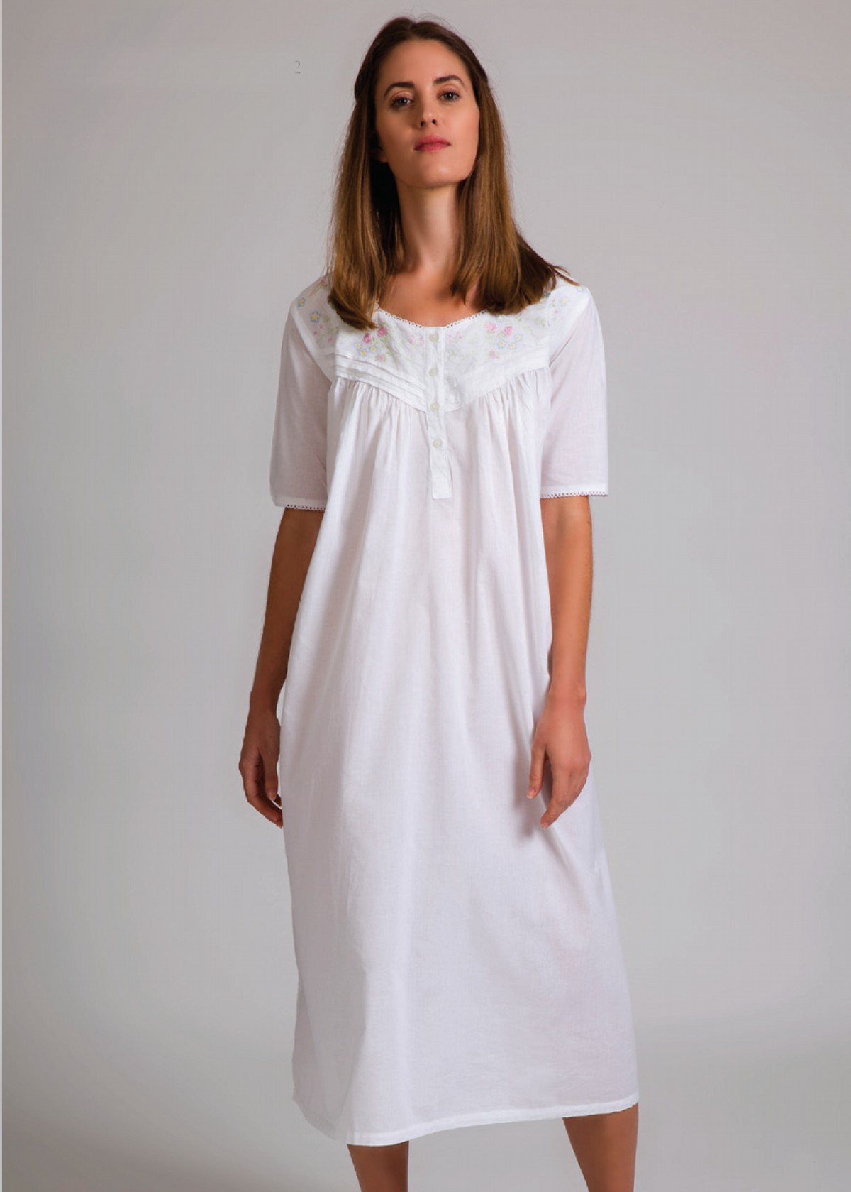 Arabella Cotton Nightie with Embroidery - Short Sleeve