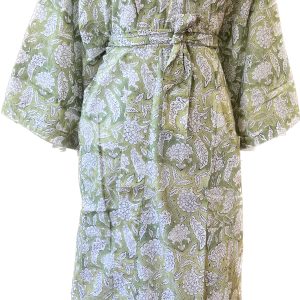 green and white floral cotton kimono