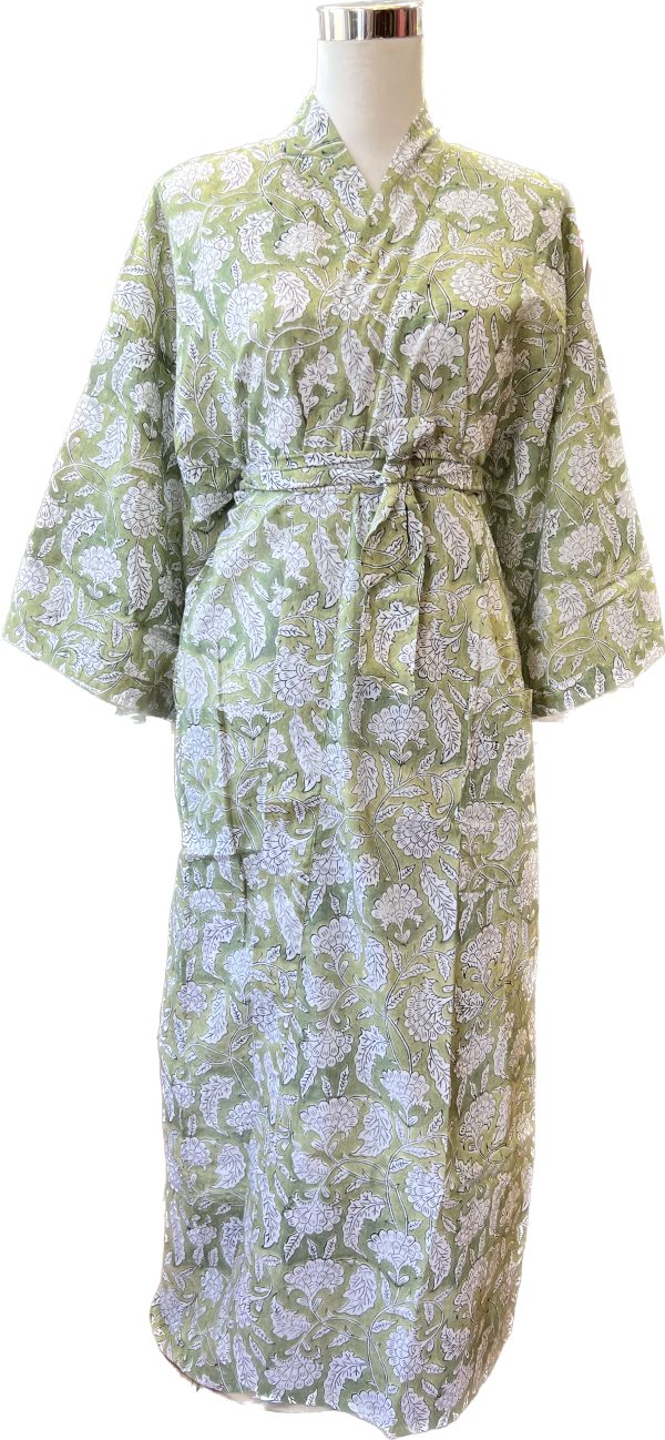 green and white floral cotton kimono