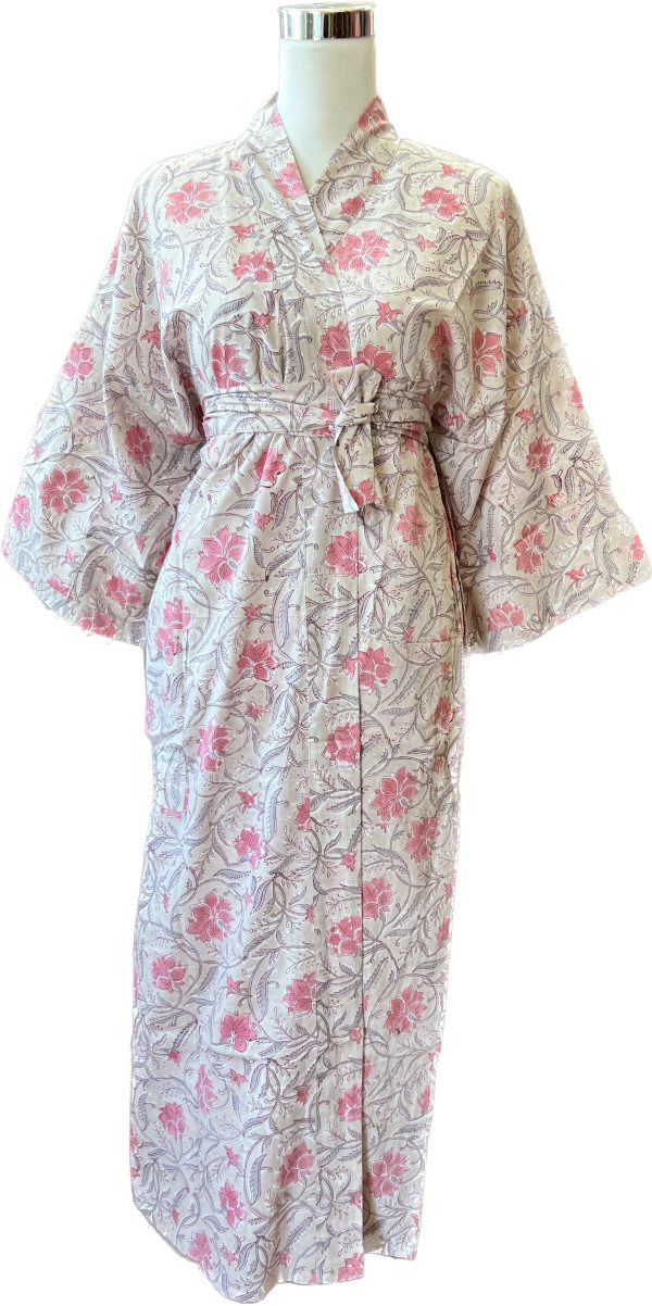 pink and grey floral cotton kimono