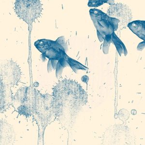 decoupage paper image of blue fish on a cream background